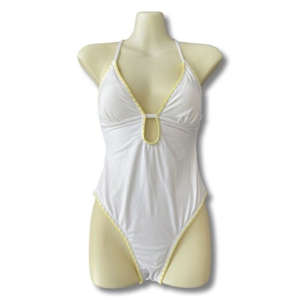 Lucky Brand Shell Stitch White One Piece plung Neck Swimsuit‎ size small